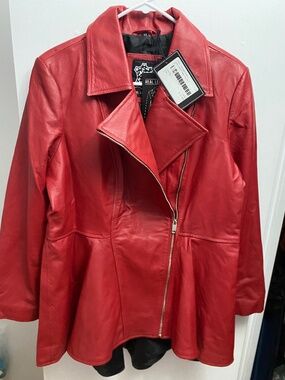 Real Leather Clarissa Peplum Jacket - Red Lambskin - Size XL -